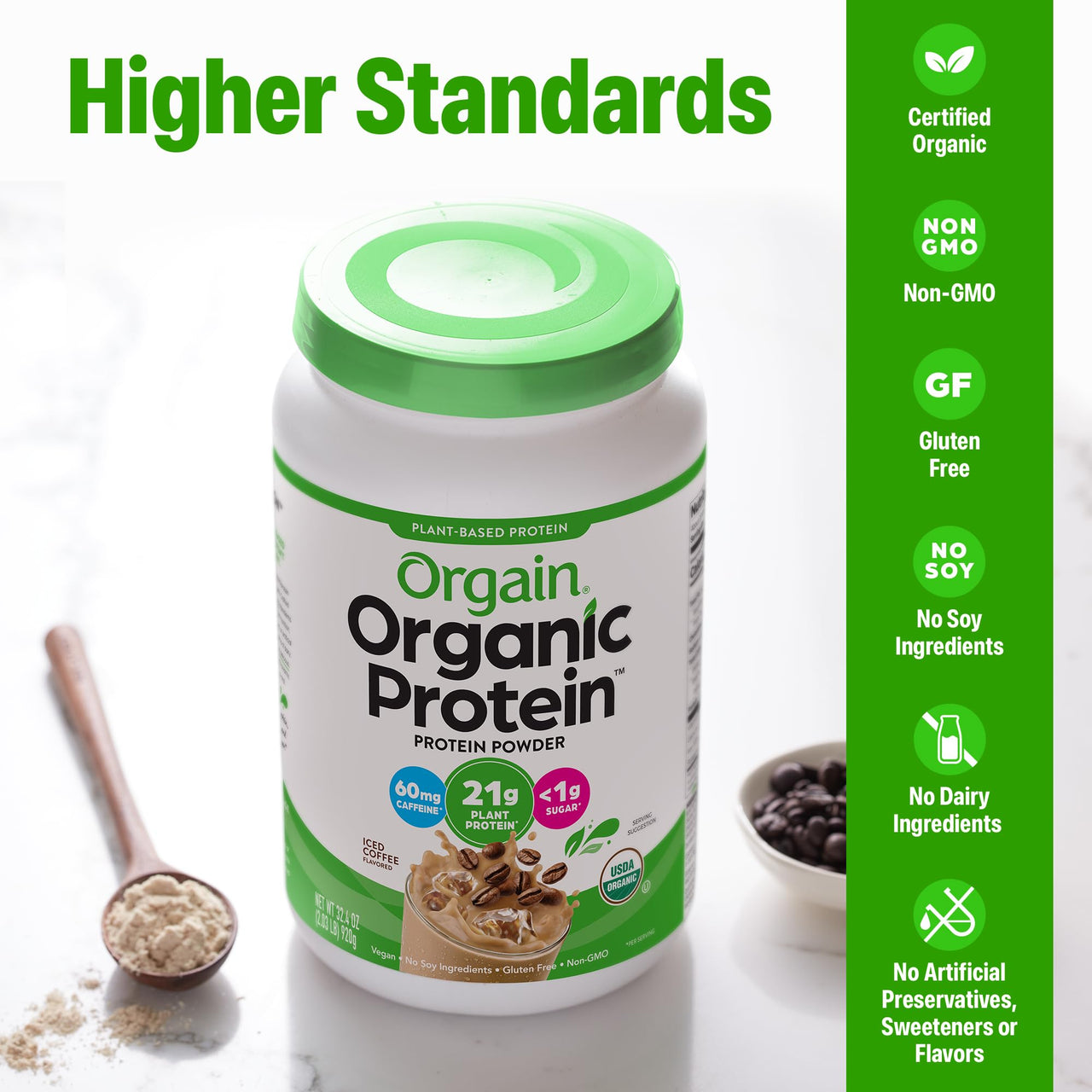 Orgain Organic Vegan Protein Powder, Iced Coffee - 21g Plant Protein, 60mg of Caffeine, Low Net Carb, No Lactose Ingredients, No Added Sugar, Non-GMO, For Shakes & Smoothies, 2.03 lb