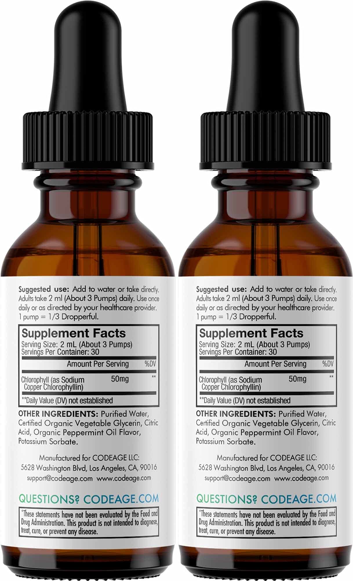 Codeage Chlorophyll Liquid Drops Supplement, Immune Support, Skin Care, Certified Organic Vegetable Glycerin Water, Liquid Chlorophyll, Organic Peppermint Flavor Clorofila, Vegan - 2 Pack