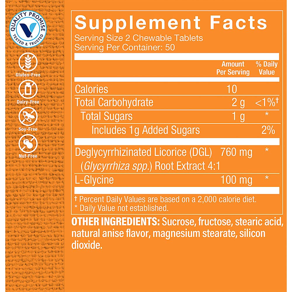 The Vitamin Shoppe DGL (Deglycyrrhizinated Licorice) 760MG, Stomach Soothing Herbal Supplement (100 Chewable Tablets)