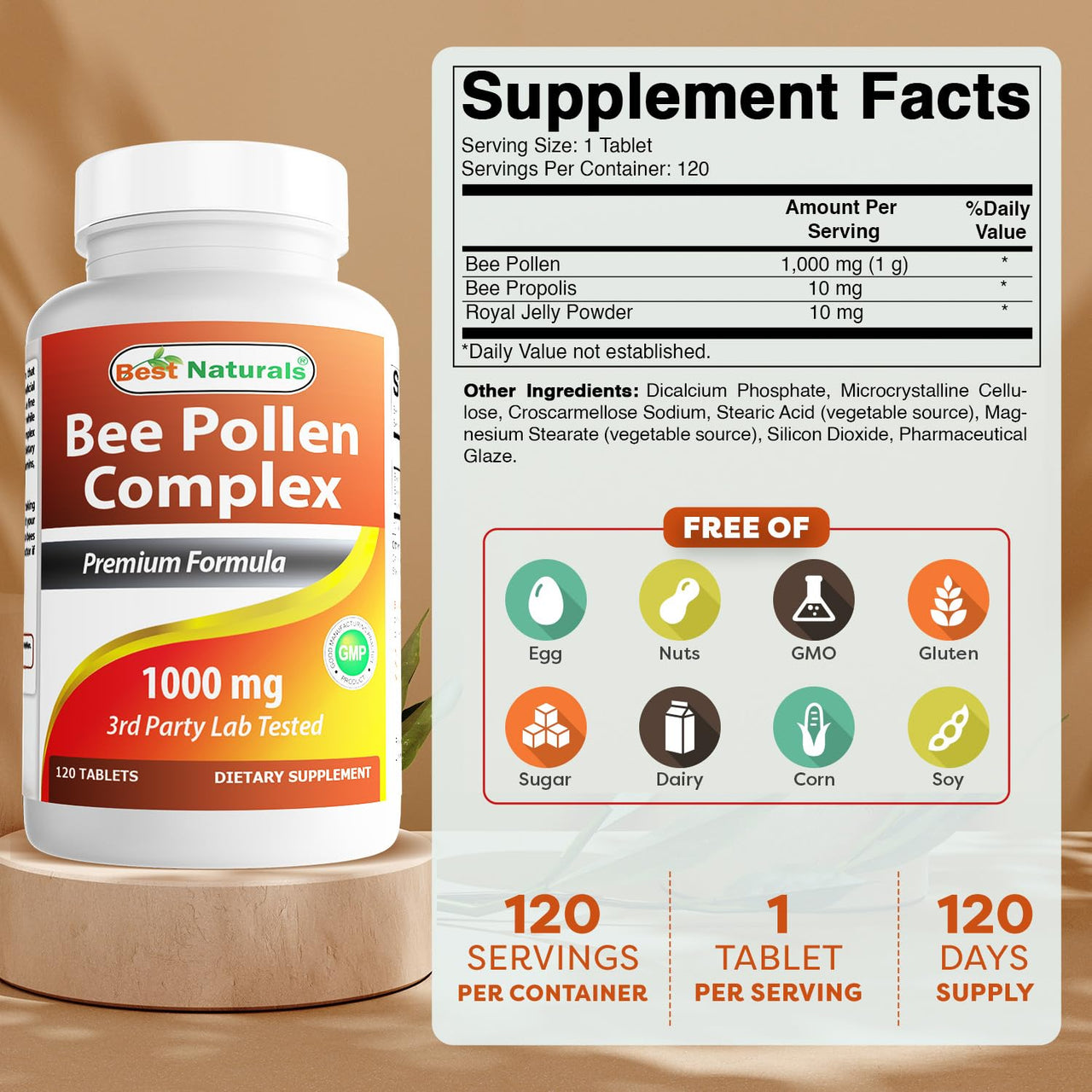 Best Naturals Bee Pollen Complex 1000 mg 120 Tablets