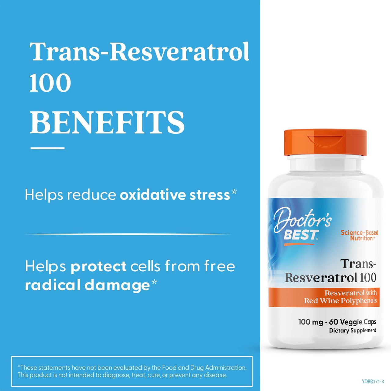 Doctors Best Trans-Resveratrol 100, Resveratrol with Red Wine Polyphenol (ResVinol), Non-GMO, Gluten Free, Soy Free, Vegan 60 Veggie Caps