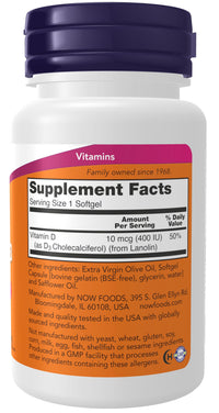 Thumbnail for NOW Supplements, Vitamin D-3 400 IU, Strong Bones*, Structural support*, 180 Softgels