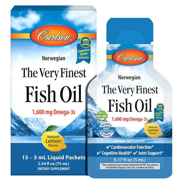 Carlson - The Very Finest Fish Oil Grab + Go Packets, Single-Serving, 1600 mg Omega-3s, Norwegian, Wild Caught, Sustainably Sourced, Box of 15 Packets, 5 mL Each