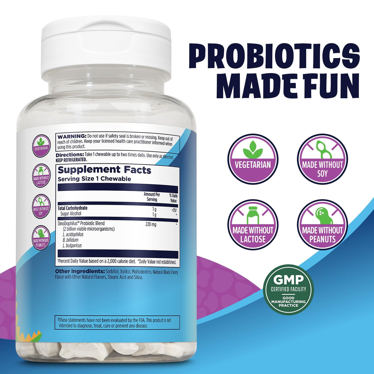 KAL DinoDophilus Probiotics for Kids - Chewable Kids Probiotic with 2 Billion CFU for Children's Gut Health and Digestion Support - Natural Black Cherry Flavor, 60 Chews