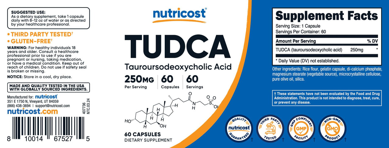 Nutricost Tudca 250mg, 60 Capsules (Tauroursodeoxycholic Acid) - Premium Quality
