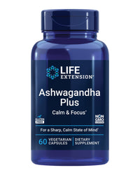 Thumbnail for Life Extension Ashwagandha Plus Calm & Focus, ashwagandha Extract, Spearmint Extract, Focus, Attention, Relaxation, Advanced Formula, 60 Vegetarian Capsules