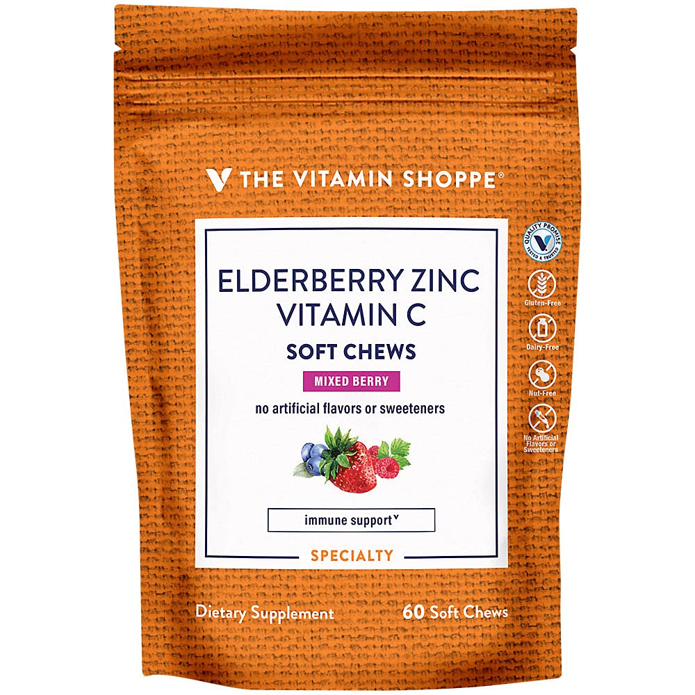 Elderberry, Zinc & Vitamin C Soft Chews - Immune Support - Mixed Berry (60 Soft Chews)
