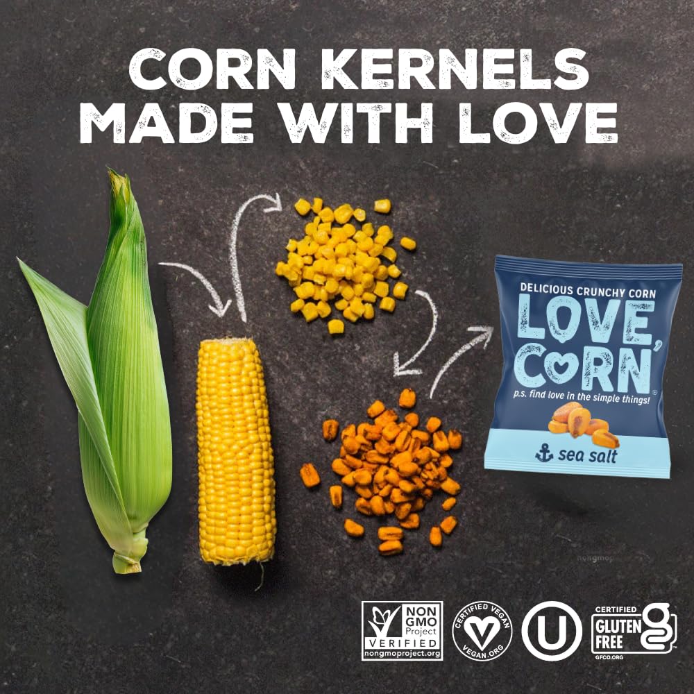LOVE CORN Family Favorite Sea Salt, BBQ, Salt & Vinegar, Cheddar | Delicious Crunchy Corn Snacks | .07oz x 20 Gluten Free, Vegan Bags | Convenient for Lunch Boxes, Commuting & Office Snacks