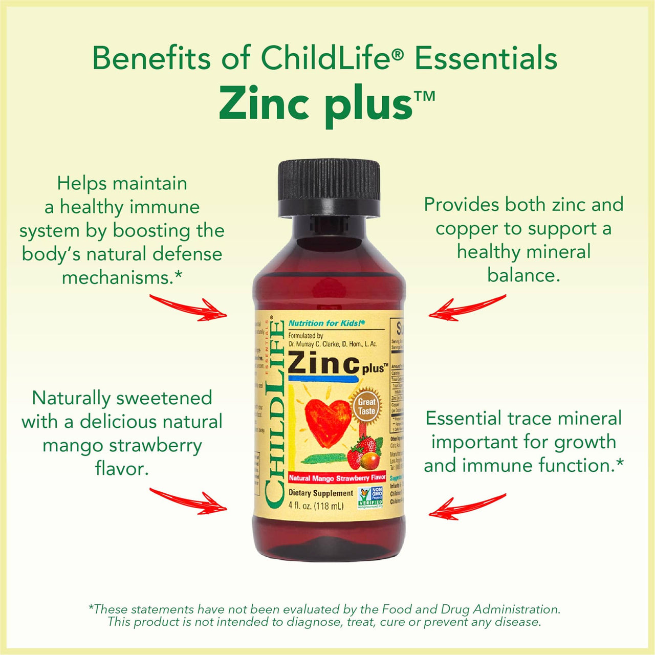 CHILDLIFE ESSENTIALS Liquid Zinc Plus for Kids & Toddler - Liquid Supplement Drops, Zinc Gluconate & Copper for Immune Support - Mango Strawberry, 4 Fl Oz (Pack of 1)