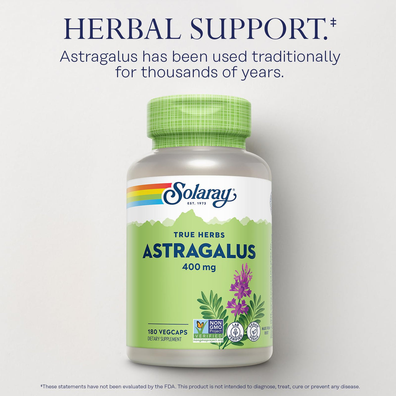 SOLARAY Astragalus Root 400mg â€“ Traditional Herbal Support - Non-GMO, Vegan & Lab Verified - 180 Servings, 180 VegCaps