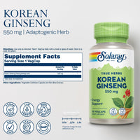 Thumbnail for SOLARAY Korean Ginseng 550 mg - Ginseng Root - Stress, Physical Endurance and Energy Supplements - Non-GMO, Vegan, Lab Verified - 50 Servings, 50 VegCaps