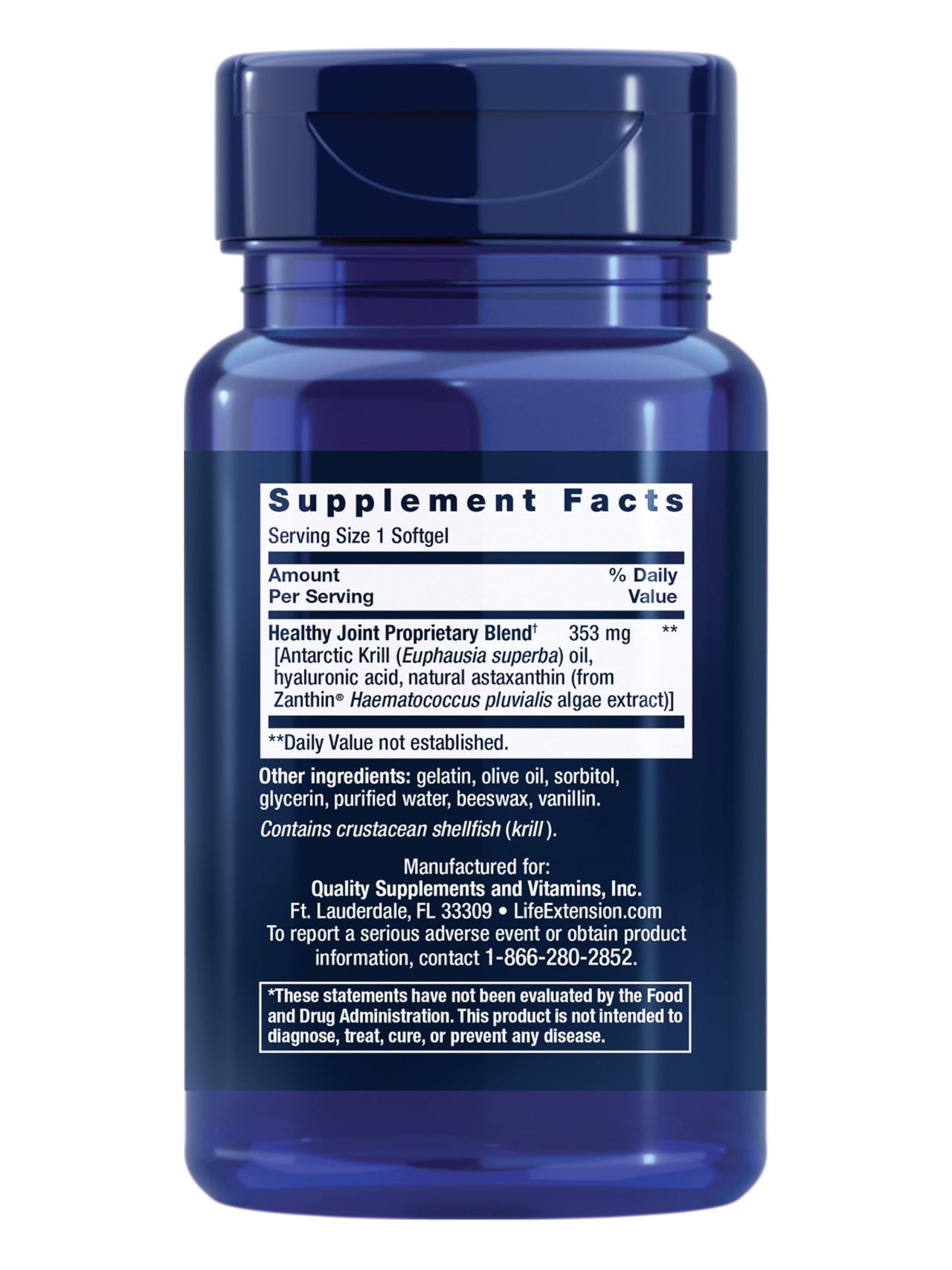 Life Extension Krill Healthy Joint Formula, Krill Oil, hyaluronic Acid, The carotenoid astaxanthin for Healthy Joints, Healthy Body, Gluten-Free, Non-GMO, 30 softgels