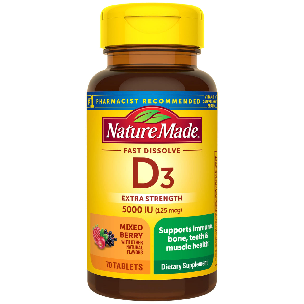 Nature Made Vitamin D3 5000 IU (125 mcg) Extra Strength, Vitamin D Supplement for Immune Support, 70 Sugar Free Fast Dissolve Tablets, 70 Day Supply