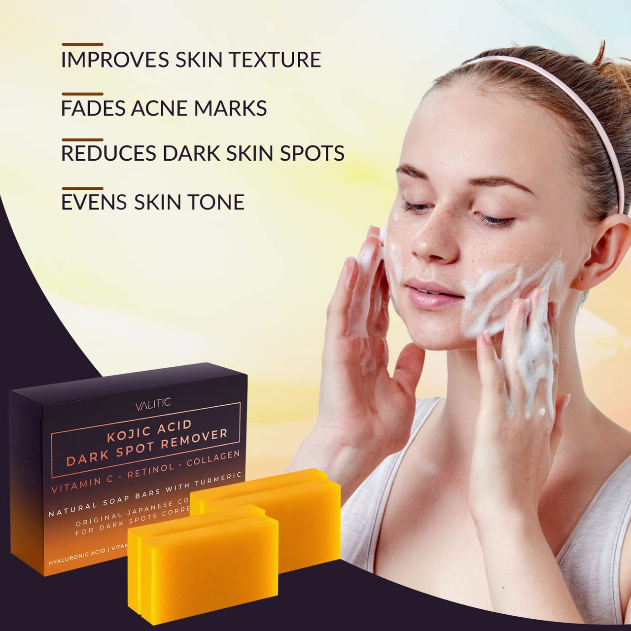 VALITIC Kojic Acid Dark Spot Remover Soap Bars with Vitamin C, Retinol, Collagen, Turmeric