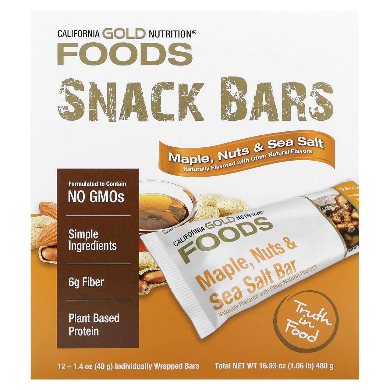 Maple, Nuts & Sea Salt Snack Bars, Simple Ingredients, 7 g Plant-Based Protein, 6 g Fiber, No Artificial Colors, Flavors, Sweeteners, Preservatives, 1.4 oz (40 g) Each, 12 Bars