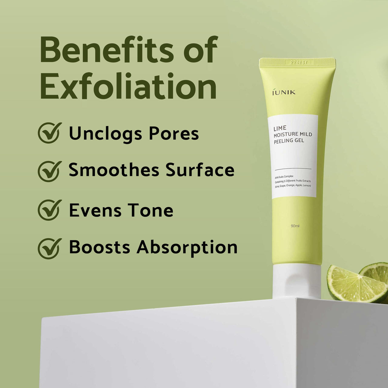 IUNIK Lime Moisture Mild Peeling Gel 3.04 Fl Oz - Gentle Exfoliating Deep Cleansing Glowing - Smooth with AHA & Fruits Complex - Control Sebum Clear Dead Skin Cells Blackheads Pore-Minimizing Vegan