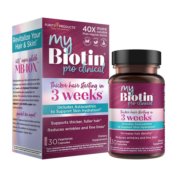 Purity Products MyBiotin ProClinical – Thicker Hair Starting in 3 Weeks & Fights Wrinkles - MB40X Patented Biotin Vitamin B7 Matrix w/Astaxanthin - 40X More Soluble vs Ordinary Biotin, 30 Veg Capsules