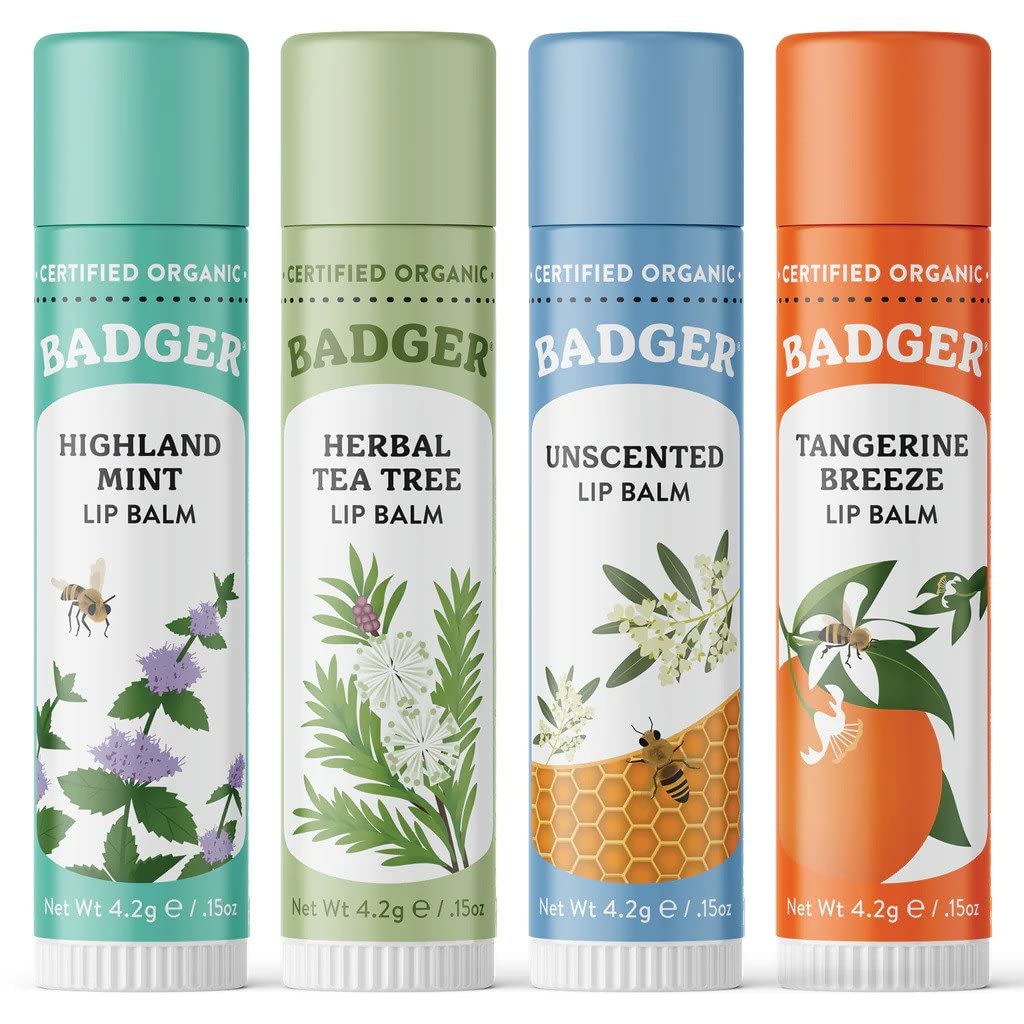Badger Classic Organic Lip Balm Set - Green Box, Long Lasting Lip Moisturizer Gift Set, Light Silky Texture, All Natural Lip Balm Variety Pack Lip-Set (Unscented, Tea Tree, Mint & Tangerine), 4 pack