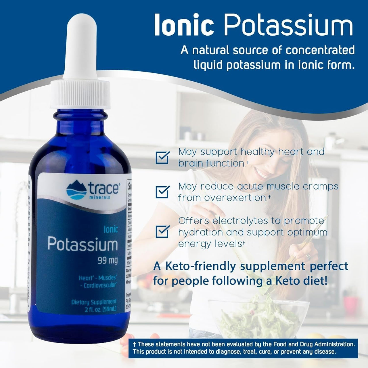 Trace Minerals Ionic Potassium - Liquid Potassium Supplement for Healthy Brain & Muscle Function - Nerve Support - Easy Absorption - Vegan - Non-GMO - Unflavored - 2 fl oz (32 Servings)