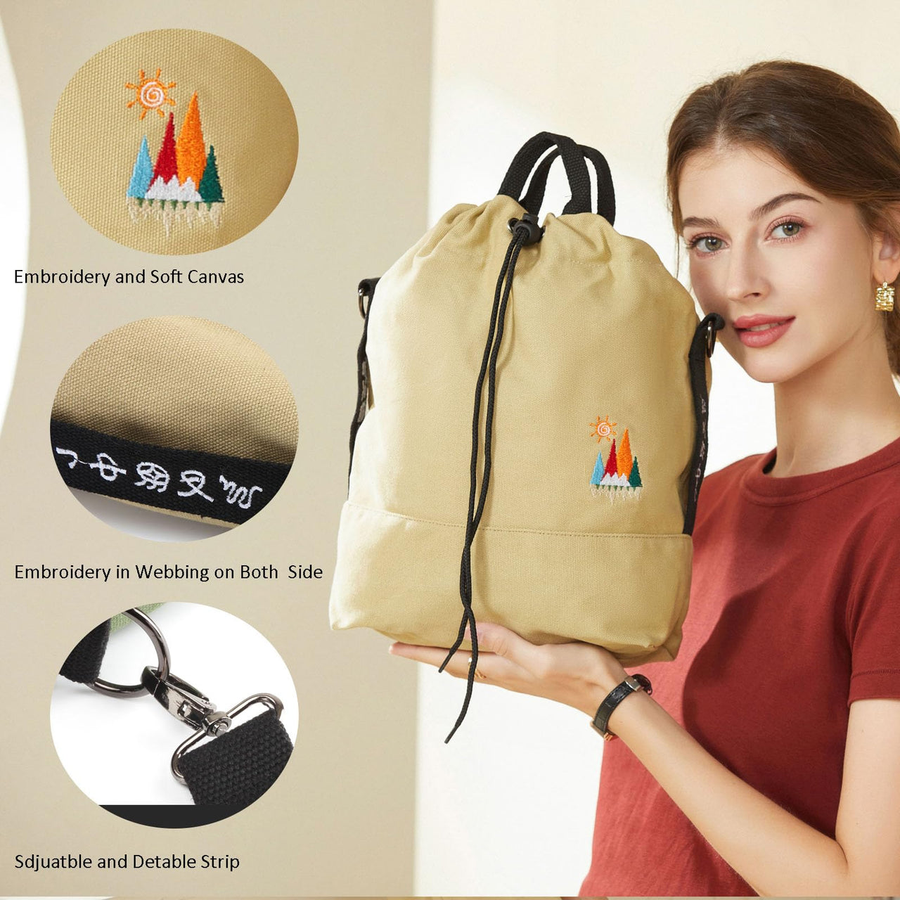 Women Casual Canvas Shoulder Bags, Sunshine Embroidery Cross Body Bag Top Handbag (Khaki)
