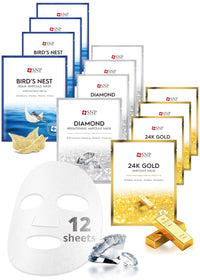 Thumbnail for SNP Variety Ampoule Sheet Mask Set | Bird's Nest, 24K Gold, and Diamond Face Mask | Hydrating, Moisturizing, Nourishing for Sensitive Facial Skin | Korean Face Masks Skincare | 12 Sheets