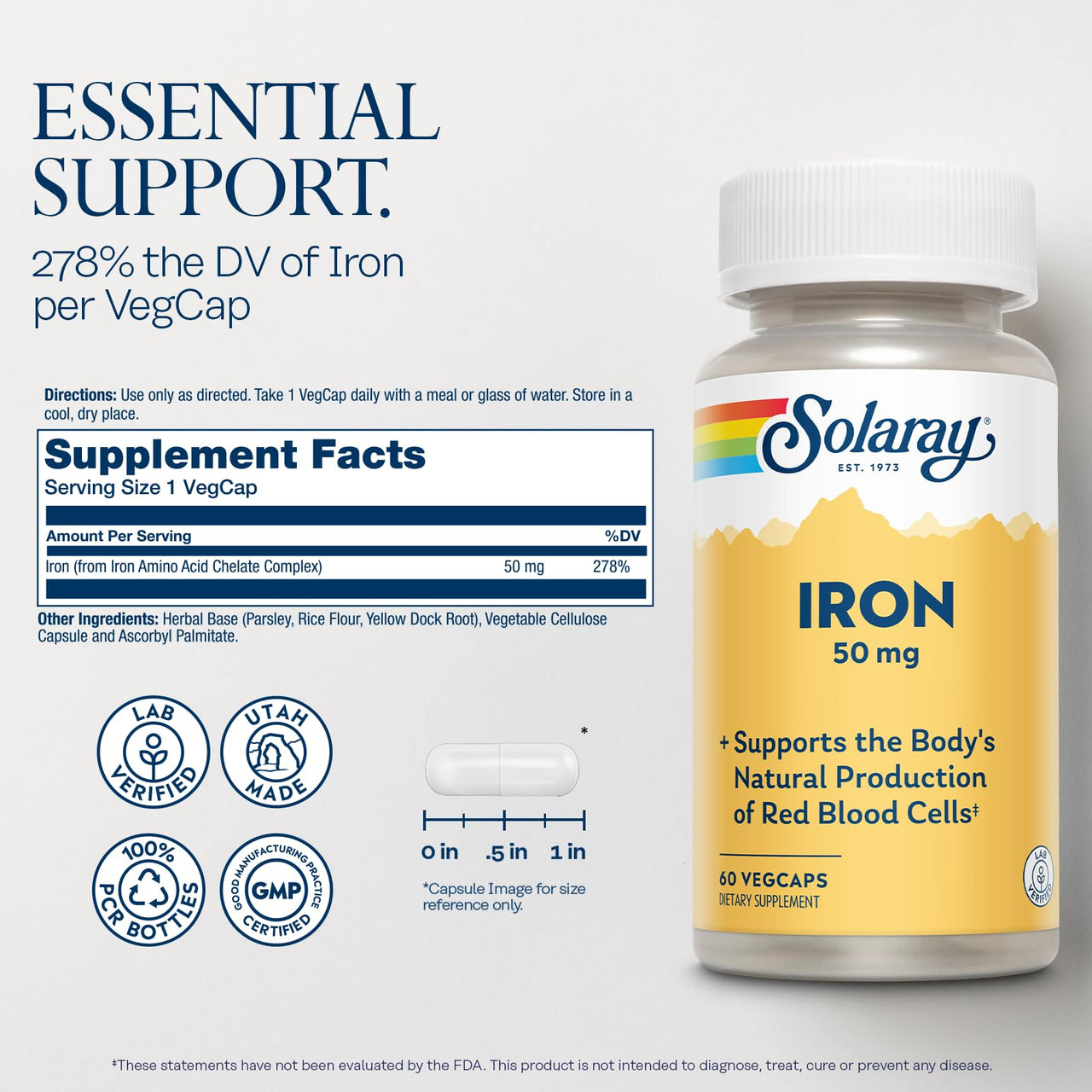 SOLARAY Iron Capsules 50mg - Iron Supplement for Women and Men w/Parsley and Yellow Dock Root, Supports Body's Natural Production of Red Blood Cells, 60-Day Guarantee, 60 Servings