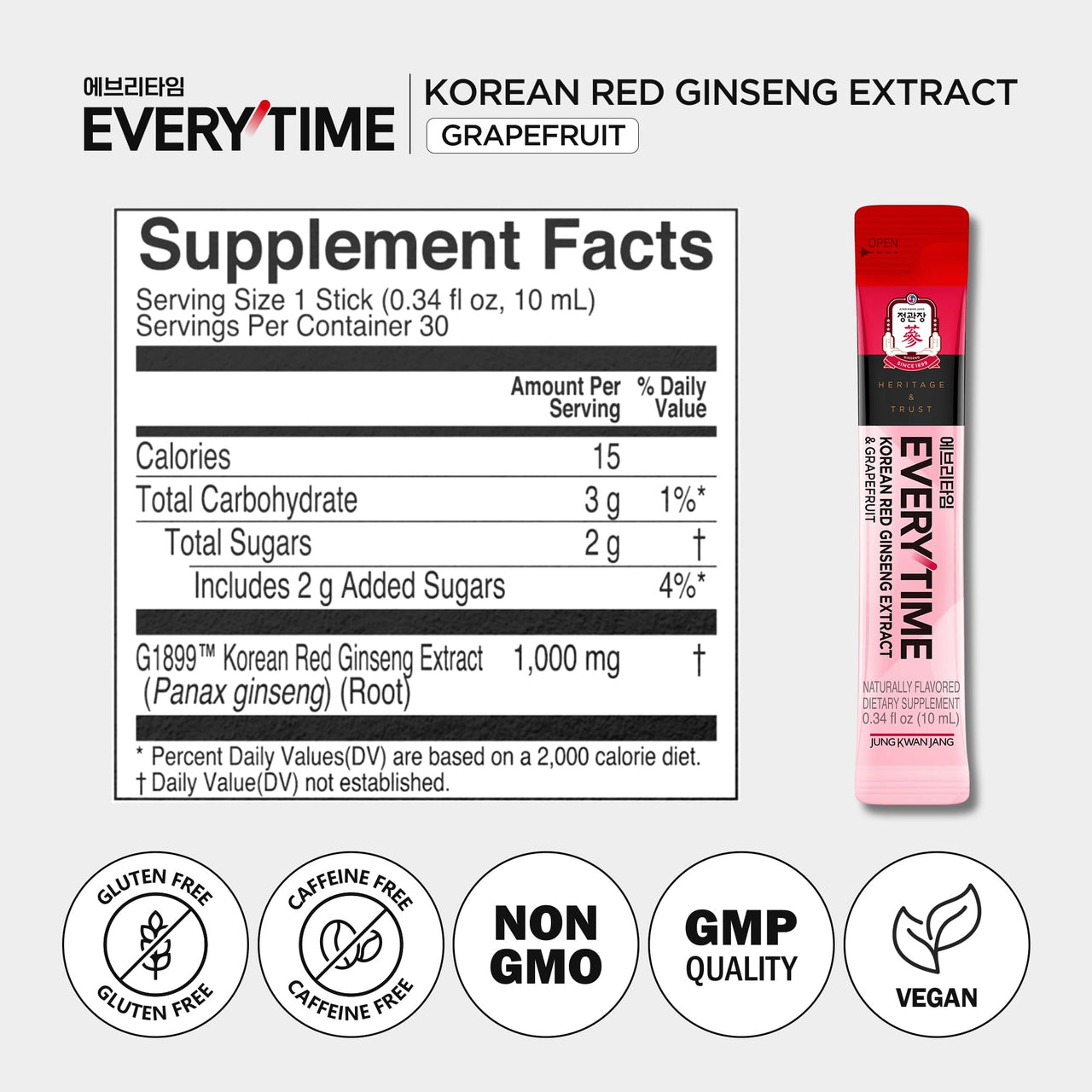 JUNG KWAN JANG Everytime Korean Red Ginseng Extract Stick 1,000mg & Grapefruit - Vegan Ginseng Root Energy Drink Liquid Stick Supplements - Builds Stamina & Immunity, No Caffeine (30 Sticks)