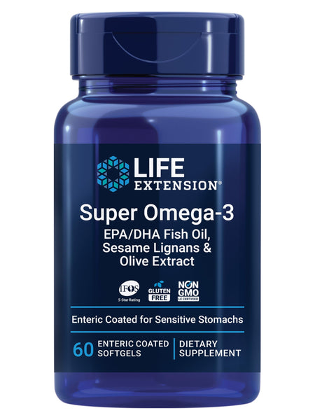 Life Extension Super Omega-3 EPA/DHA Fish Oil, Sesame Lignans & Olive Extract – Heart Health, Brain Health, Inflammation Health Support, Gluten-Free, Enteric-Coated, Non-GMO, 60 Softgels