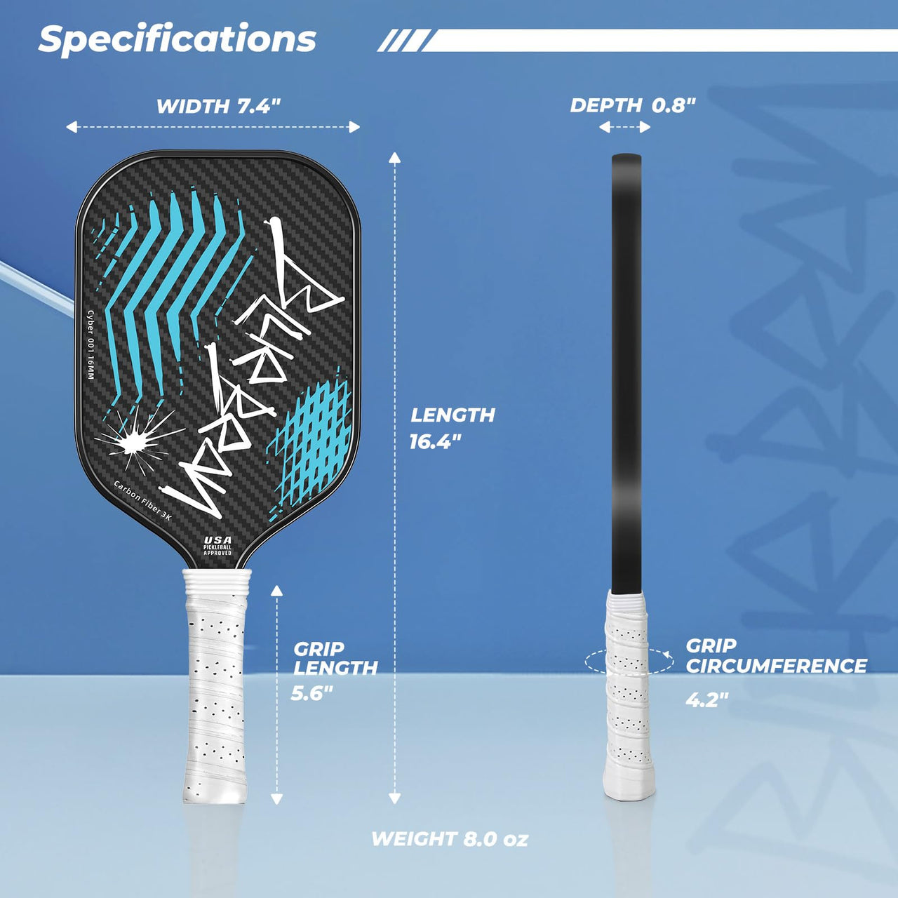 Pickleball Paddles,USAPA,Carbon Fiber Pickleball Paddle with 16MM Polymer Honeycomb Core Provides Lighter Weight&Higher Grit&Spin,Engineered for Professional Players,BlueBean (Light Blue)