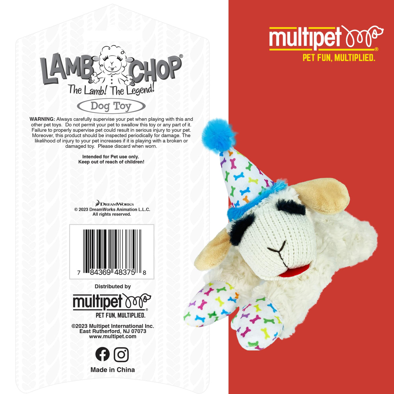 Multipet Lamb Chop Dog Plush Toy w/Birthday Hat - Squeaky Toy for All Dogs - Extra Soft Plush - Stuffed Animal for Cuddling & Playing (10.5", Blue Hat, 5 Squeakers)