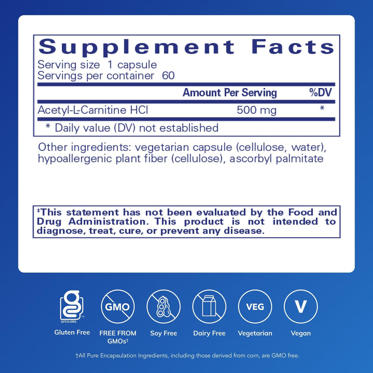 Pure Encapsulations Acetyl-L-Carnitine 500 mg - Memory & Brain Supplement - Brain Support & Focus* - Gluten Free & Non-GMO - 60 Capsules