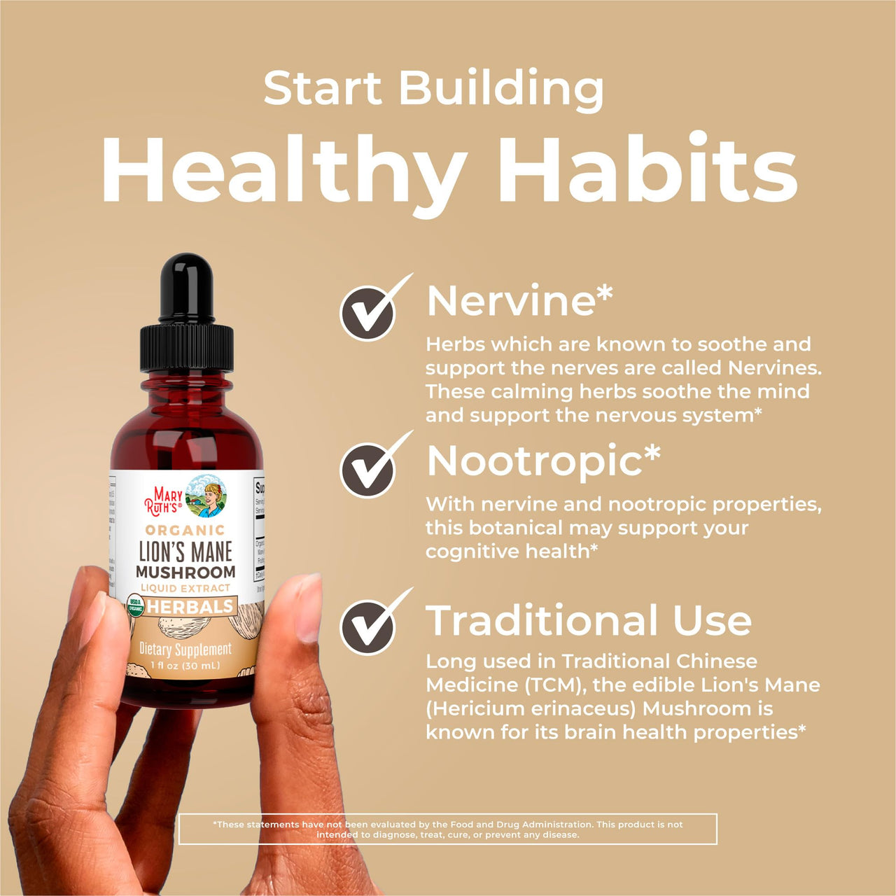 MaryRuth Organics Lions Mane Mushroom Supplement, Up to 1 Month Supply, Nootropic USDA Organic Lions Mane Extract Nervine Herbal Liquid Drops, Brain Health Non-GMO Vegan Alcohol Free Tincture, 1 Fl Oz
