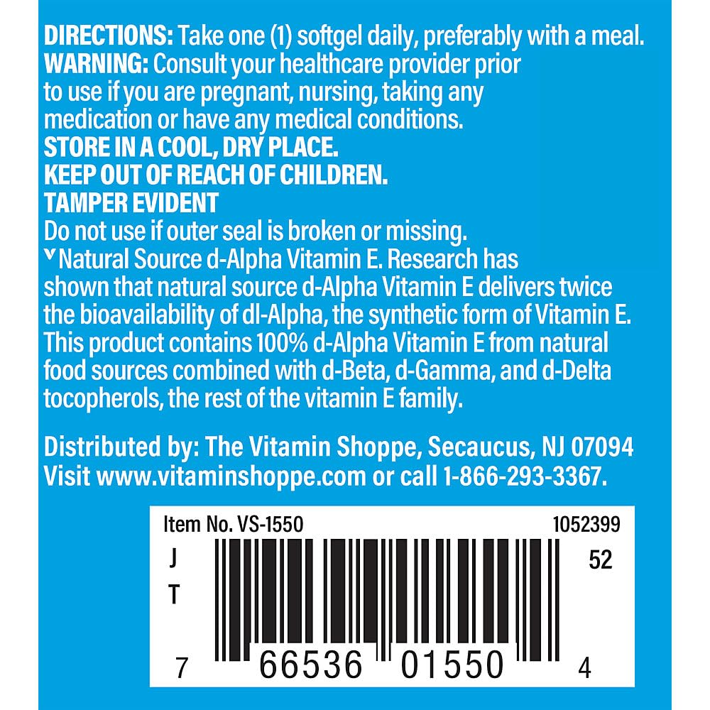 The Vitamin Shoppe Vitamin E 200IU - Antioxidant Support for Skin Health & Immune Function, Daily Vitamin (100 Softgels)
