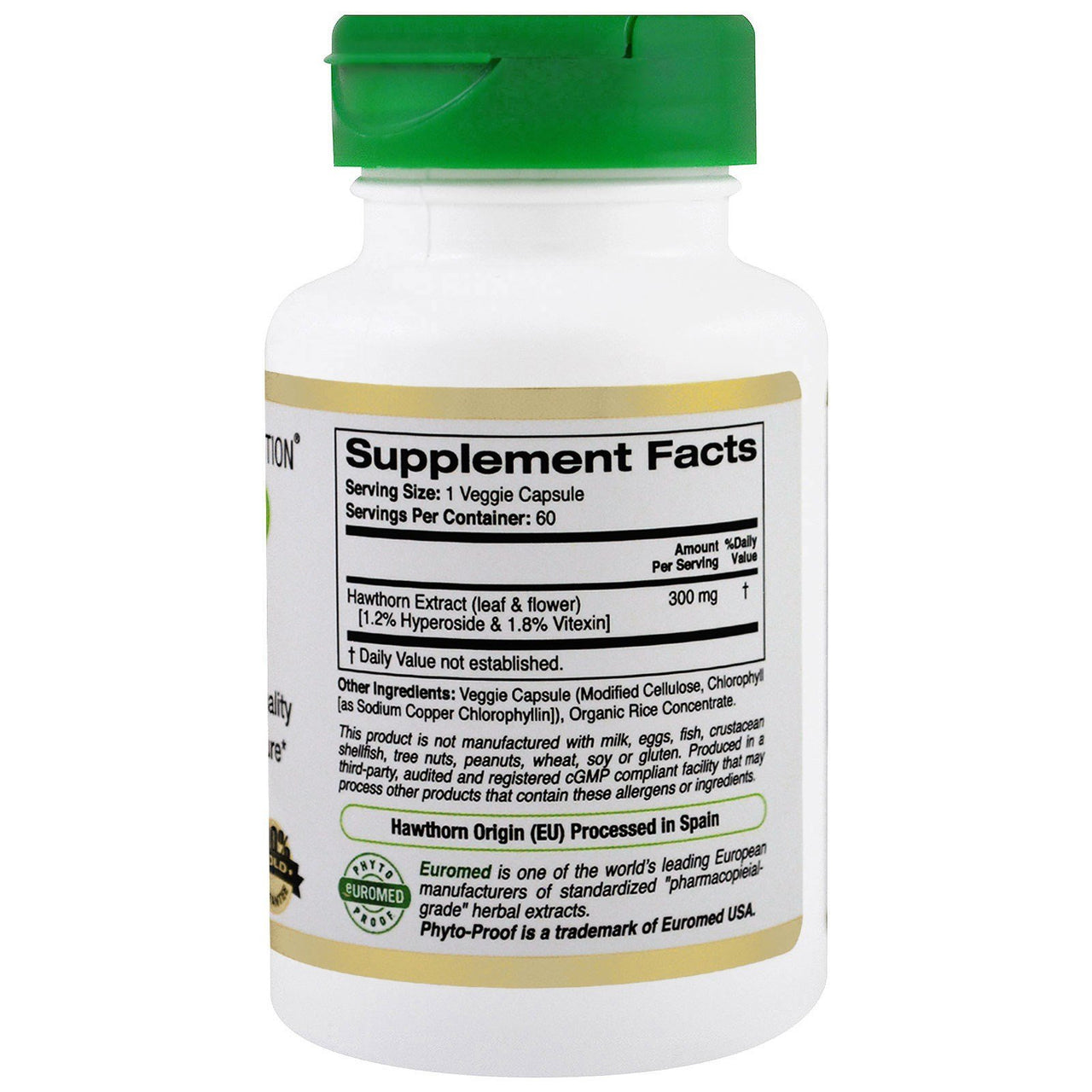 California Gold Nutrition Hawthorn Extract EuroHerbs 300 mg 60 Veggie Caps, Milk-Free, Egg-Free, Fish-Free, Gluten-Free, No Artificial Colors, Peanut Free, Treenut Free, Shellfish Free, Soy-Free, CGN