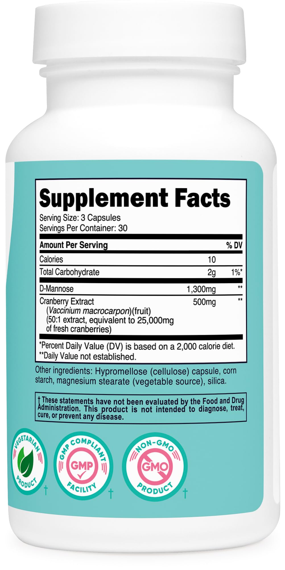 Nutricost D-Mannose 1300mg with Cranberry Extract for Women 25,000mg Equivalent from 500mg of 50:1 Extract Per Serving, 90 Capsules for 30 Servings Per Bottle - Vegan, GMO Free and Gluten Free