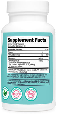 Thumbnail for Nutricost D-Mannose 1300mg with Cranberry Extract for Women 25,000mg Equivalent from 500mg of 50:1 Extract Per Serving, 90 Capsules for 30 Servings Per Bottle - Vegan, GMO Free and Gluten Free