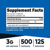 Thumbnail for Nutricost Micronized Creatine Monohydrate 3,000mg 500 Capsules, 125 Servings, 750mg of Creatine Monohydrate Per Capsule
