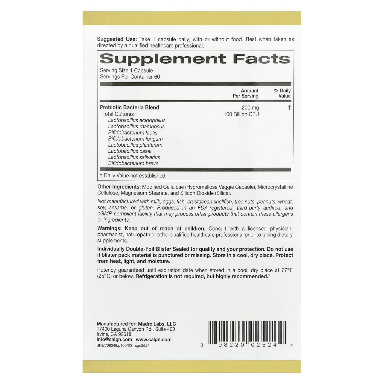 100 Billion CFU Probiotics, 60 Veggie Capsules by California Gold Nutrition