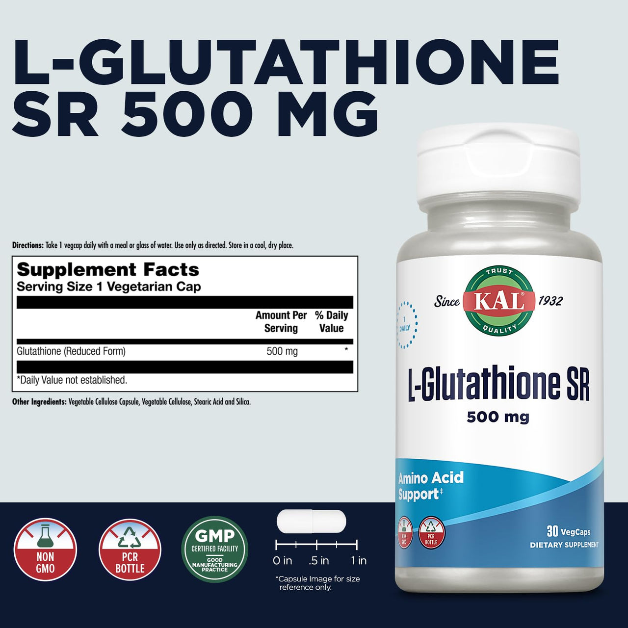 KAL L-Glutathione SR, Reduced Glutathione Supplement, High Absorption Antioxidant Supplement, Lab Verified, 30 Servings, 30 VegCaps