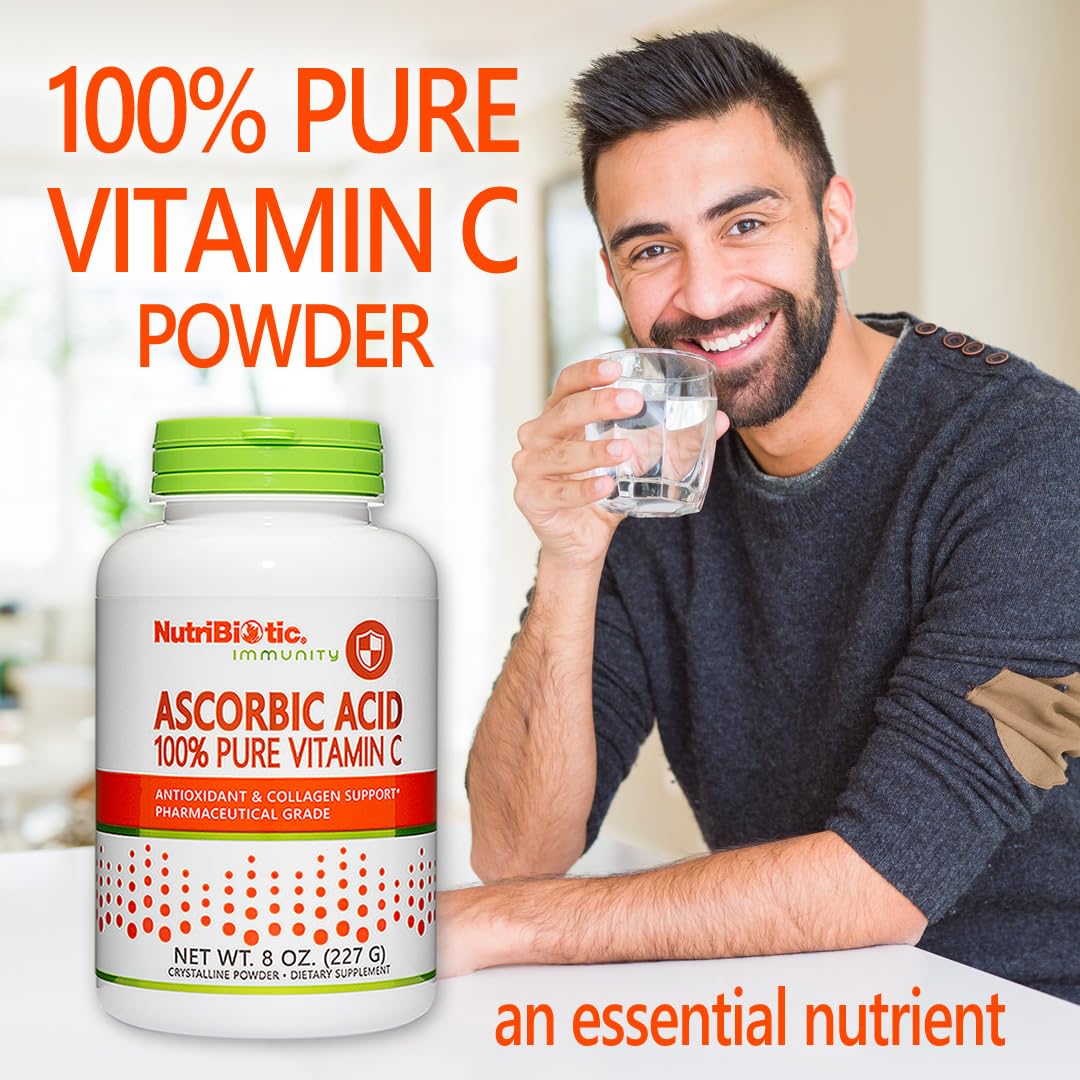NutriBiotic Ascorbic Acid Vitamin C Powder, 8 Oz | Pharmaceutical Grade L-Ascorbic Acid, 2000 Mg Per Serving | Essential Immune & Antioxidant Collagen Support Supplement | Vegan, Gluten & GMO Free
