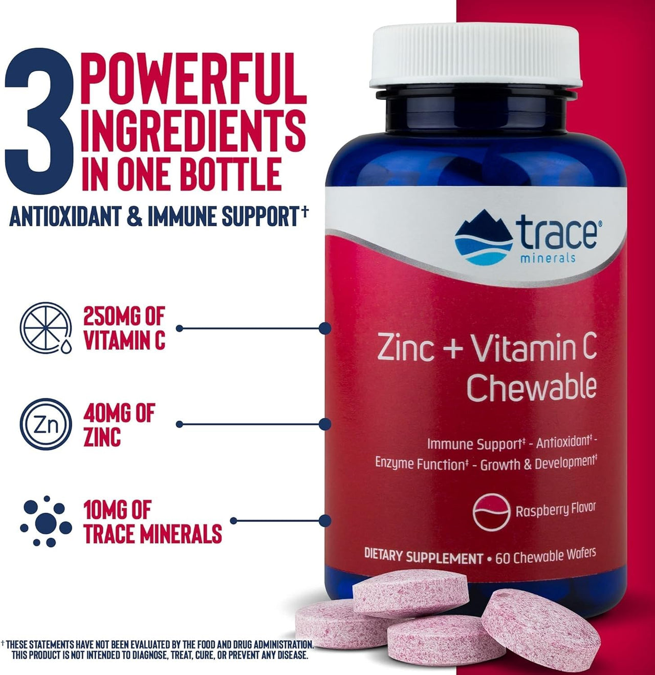 Trace Minerals Zinc + Vitamin C - Chewable Wafers for Immunity & Antioxidant Support - Healthy Development - Enzyme Function - Full Spectrum of Ionic Minerals - Raspberry - 60 Servings