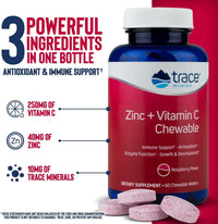 Thumbnail for Trace Minerals Zinc + Vitamin C - Chewable Wafers for Immunity & Antioxidant Support - Healthy Development - Enzyme Function - Full Spectrum of Ionic Minerals - Raspberry - 60 Servings