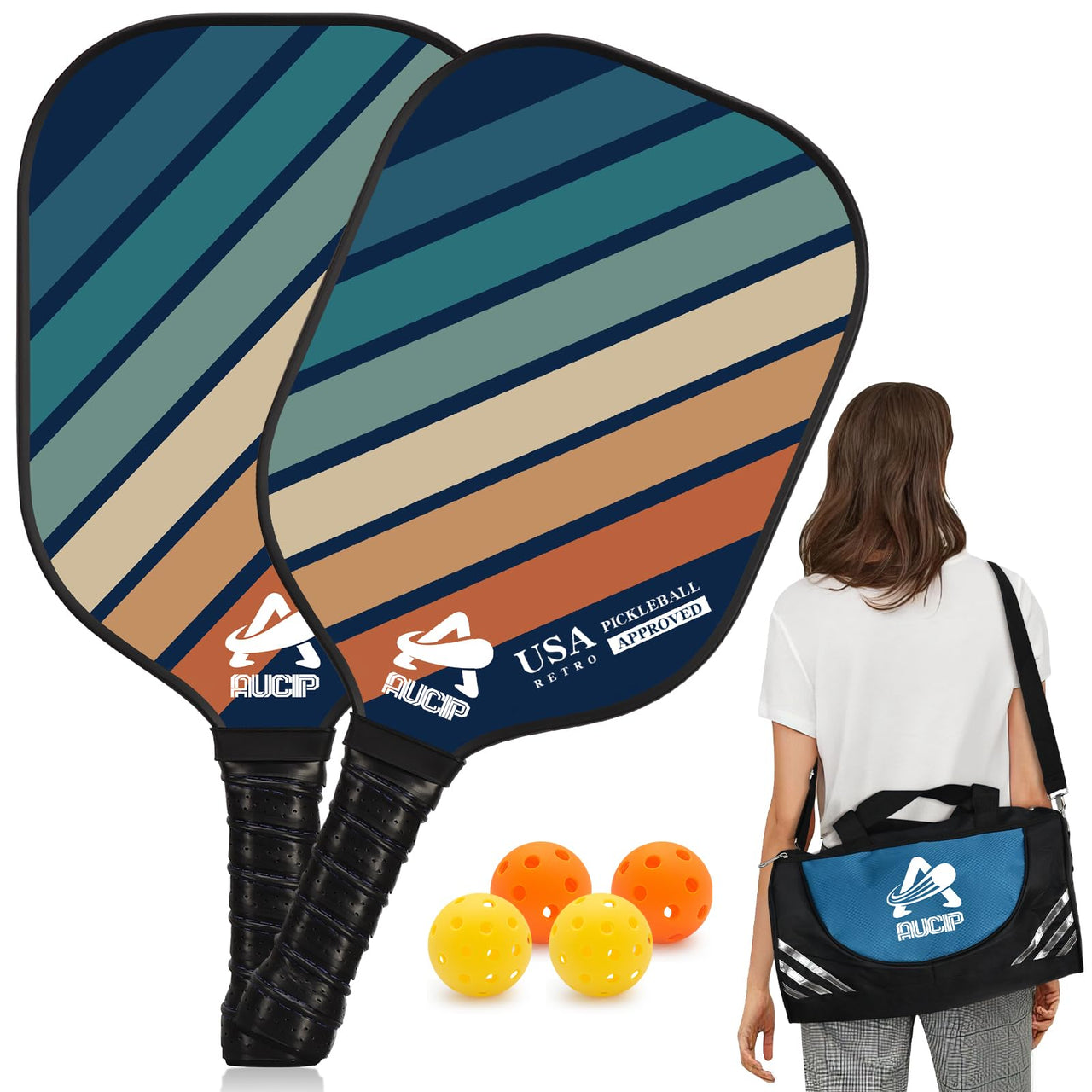 USAPA Approved Pickleball Paddle Set - 2 Pack of PP Honeycomb Core Fiberglass Surface Paddles, Lightweight Pickleball Kit with Breathable Handle, Includes 2 Paddles, 4 Balls, 2 Tapes, and 1 Bag