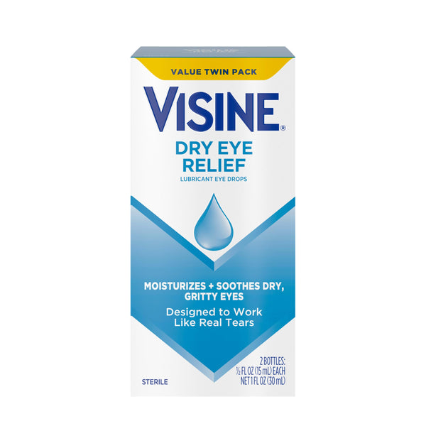 Visine Dry Eye Relief Lubricant Eye Drops to Moisturize and Soothe Irritated, Gritty and Dry Eyes, Designed to Work Like Real Tears, Polyethylene Glycol 400, 0.5 fl. oz, 2 Pack