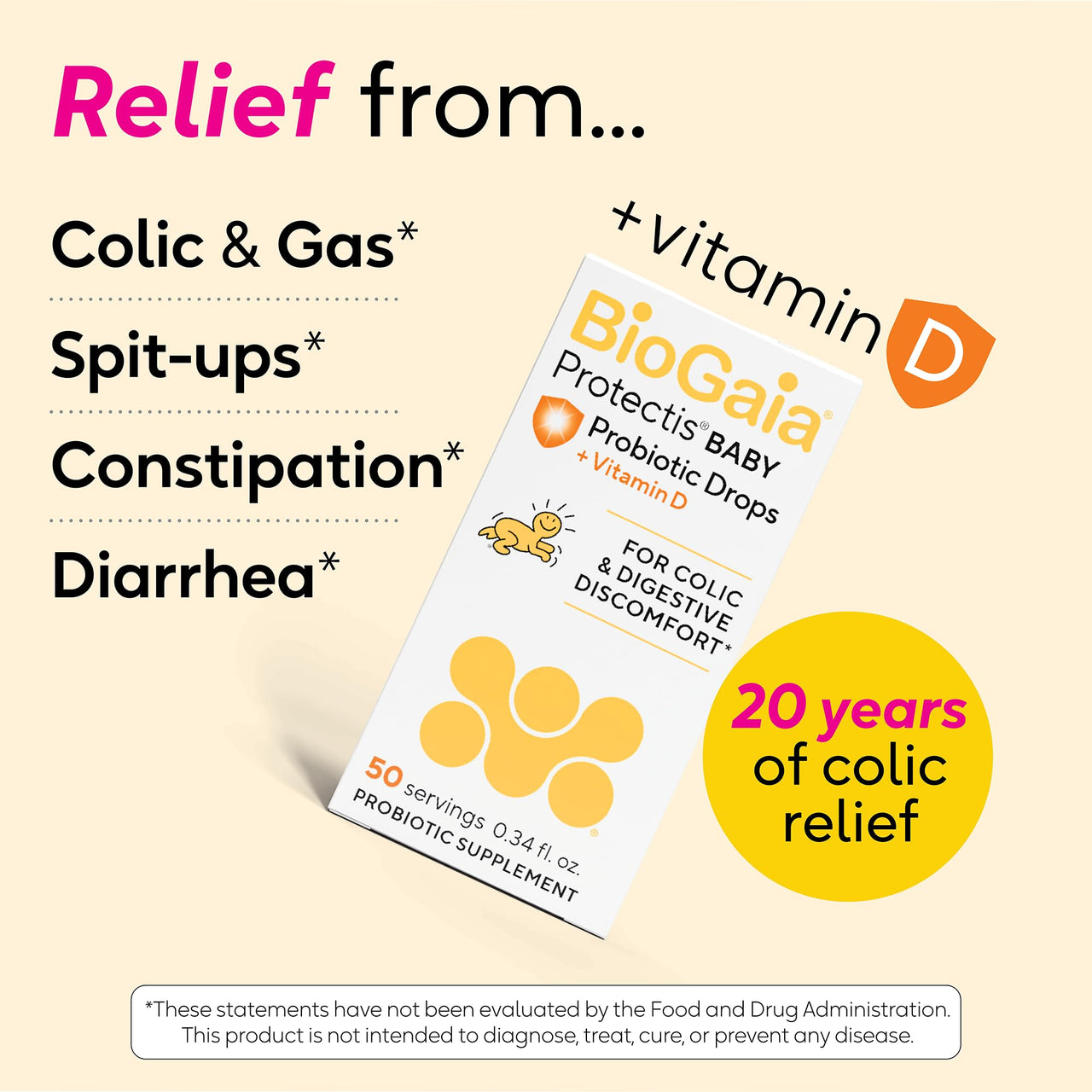 BioGaia Protectis Baby Probiotic Drops | Colic & Gas Relief + Vitamin D | Safe for Newborns | Ease Crying, Fussing, Colic, Gas, Spit-ups & Constipation | No Dairy, Soy & Gluten | 50 Day Supply | 10mL