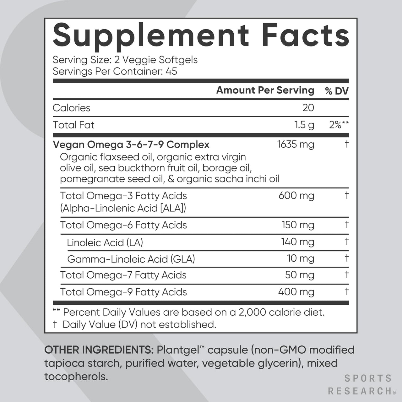 Sports Research® Vegan Supplements Pack - Vegan Omega 3-6-7-9 - 1200 mg of Multi-Spectrum Omega Fatty Acids + D3 + K2 + High Potency Vitamin C