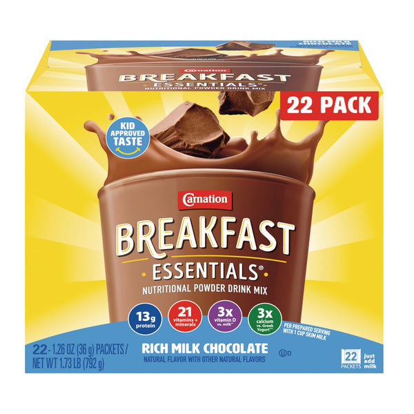 Carnation Breakfast Essentials Powder Drink Mix, Rich Milk Chocolate, 22 Count Box of 1.26 Ounce Packets