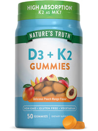 Thumbnail for Nature's Truth Vitamin D3 + K2 Gummies | 50 Count | Peach Mango Flavor | Vegetarian, Non-GMO & Gluten Free Supplement