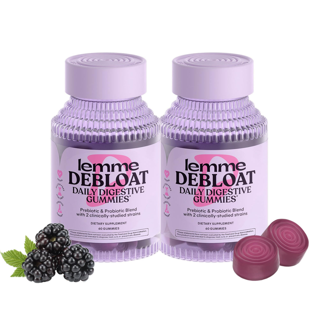 Lemme Debloat - Digestive & Gut Health Gummies with 2 Clinically Studied Probiotics & Prebiotic, Vegetarian, Gluten Free, Non GMO, BlackBerry Flavor (60 Count) (Pack of 2)