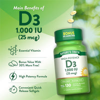 Thumbnail for Nature's Truth Vitamin D3 1000 IU Softgels | High Potency Formula | 25 mcg | Non-GMO & Gluten Free Supplement